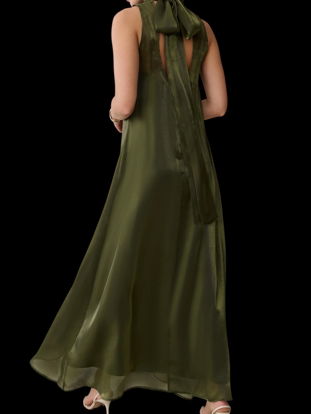Caara Few Moda Alette Dress Olive Green Satin Bow-Back Maxi Sheer Overlay NWT